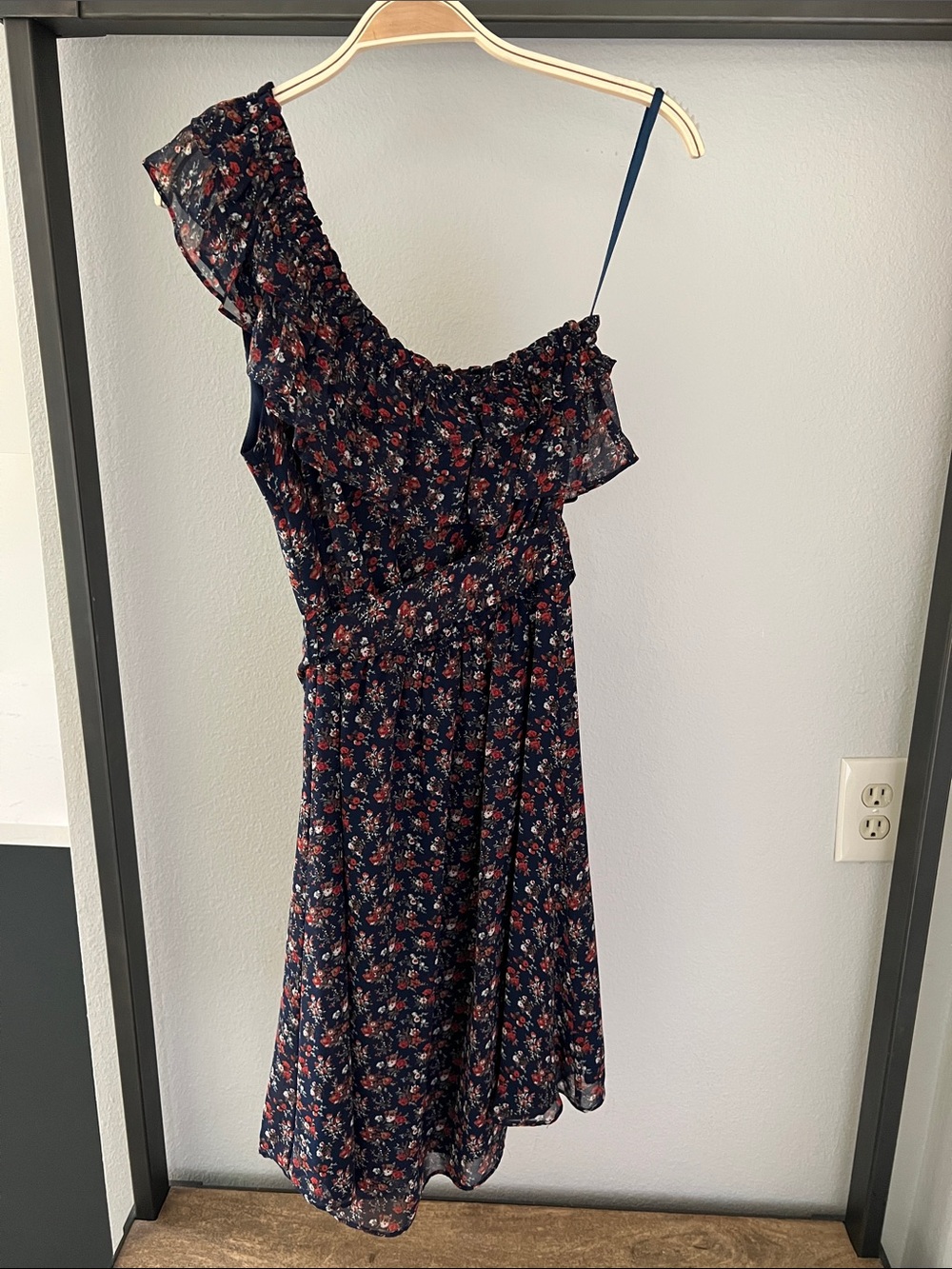 hazel Navy One-Shoulder Floral Ruffle Midi Dress